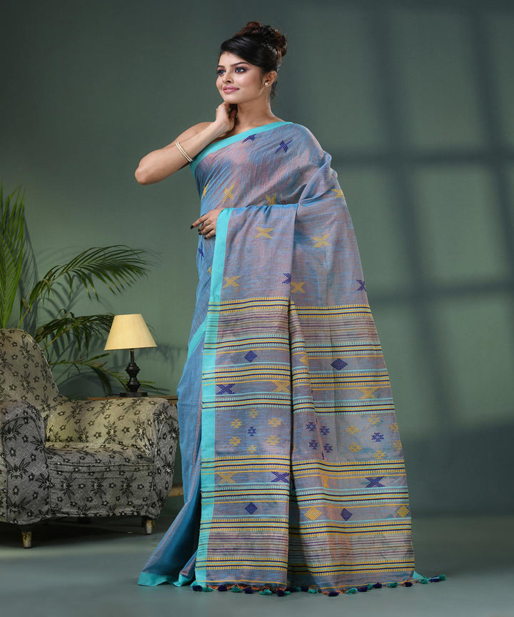 Sky blue handloom cotton bengal saree
