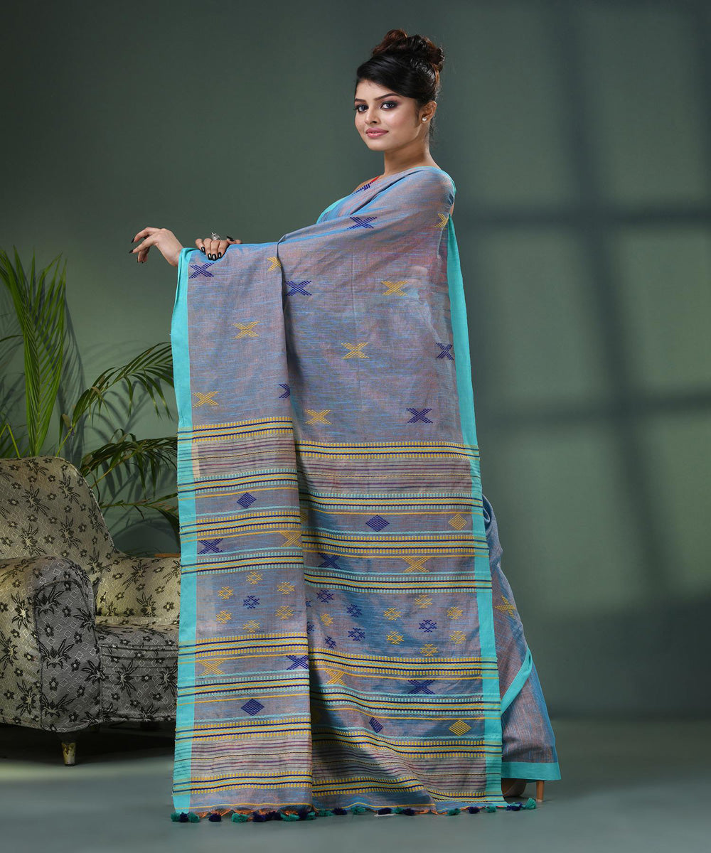 Sky blue handloom cotton bengal saree