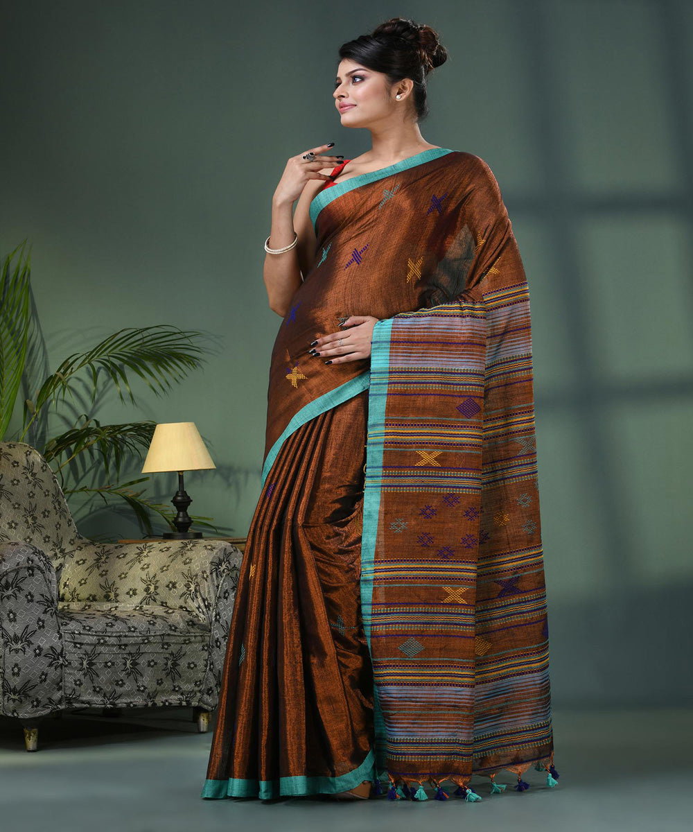 Rust copper handloom bengal cotton saree