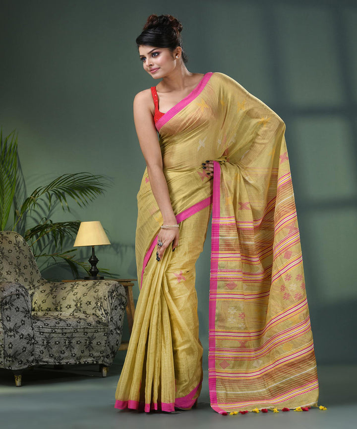 Lemon green pink handloom bengal cotton saree