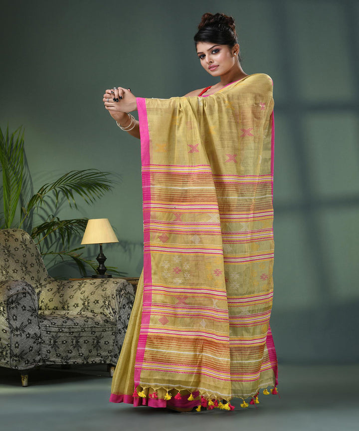 Lemon green pink handloom bengal cotton saree