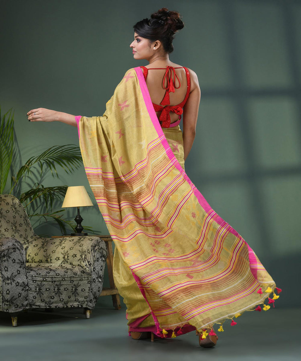 Lemon green pink handloom bengal cotton saree