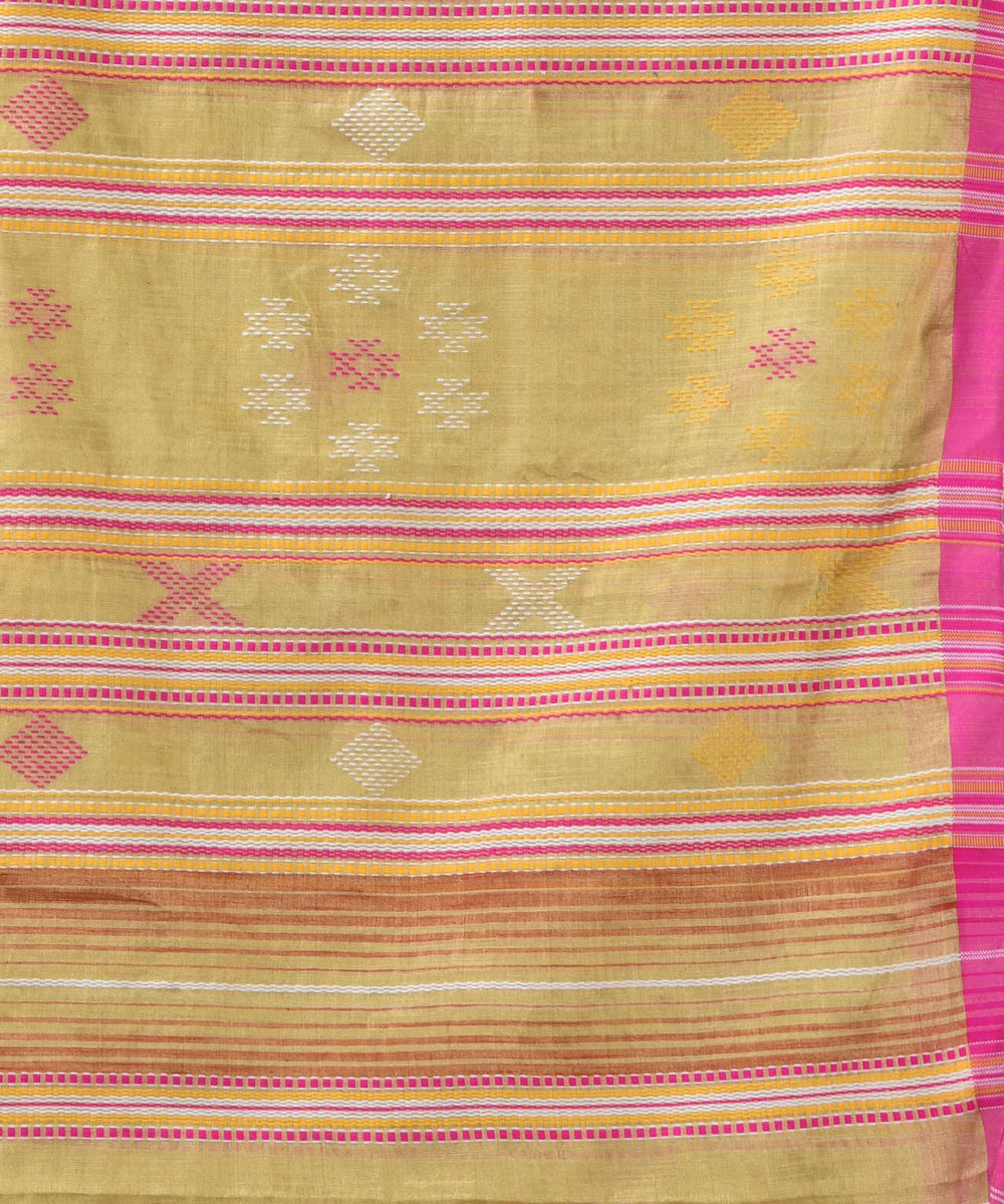 Lemon green pink handloom bengal cotton saree