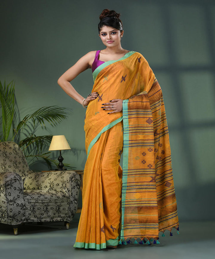 Yellow light green handloom bengal cotton saree