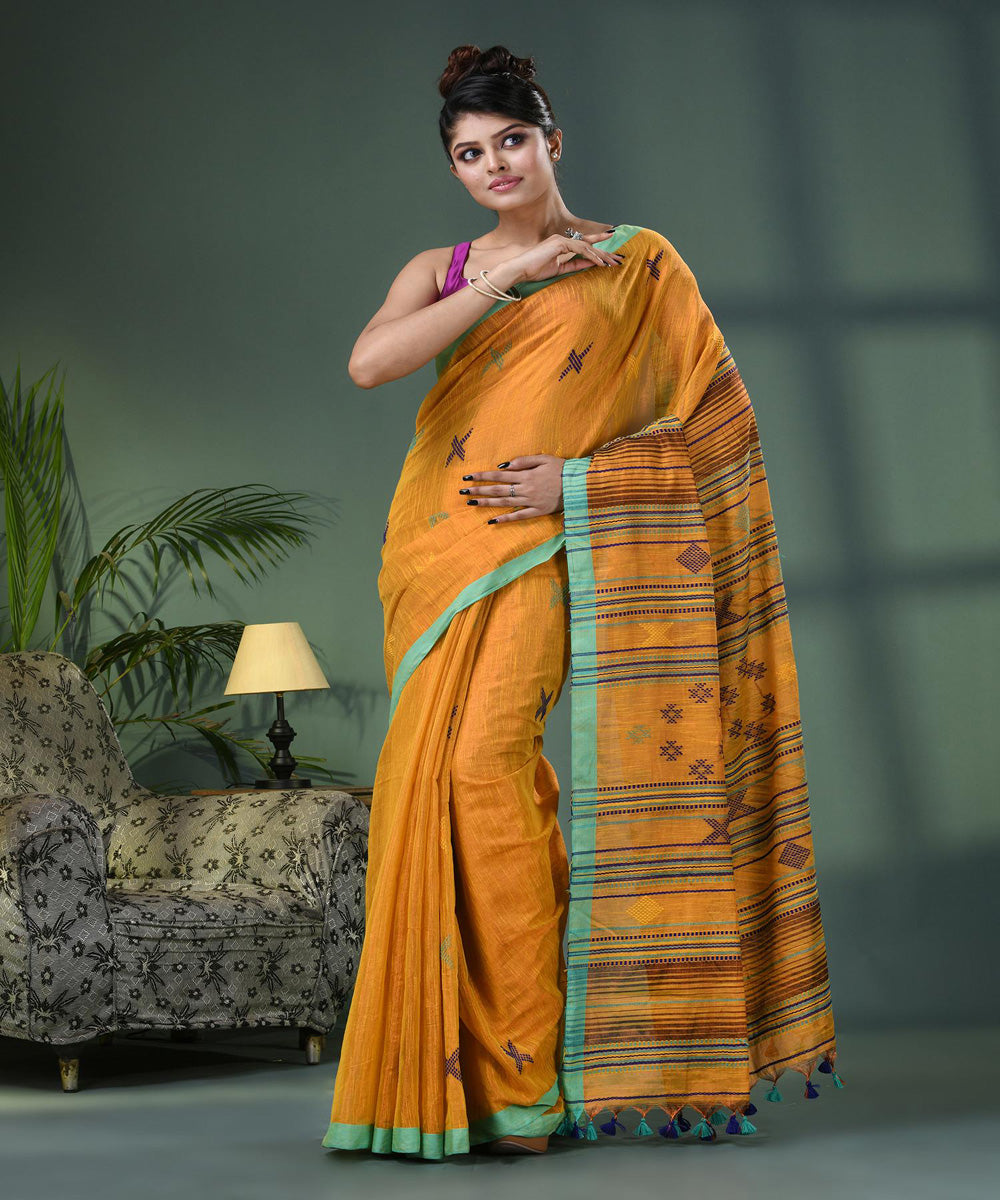 Yellow light green handloom bengal cotton saree