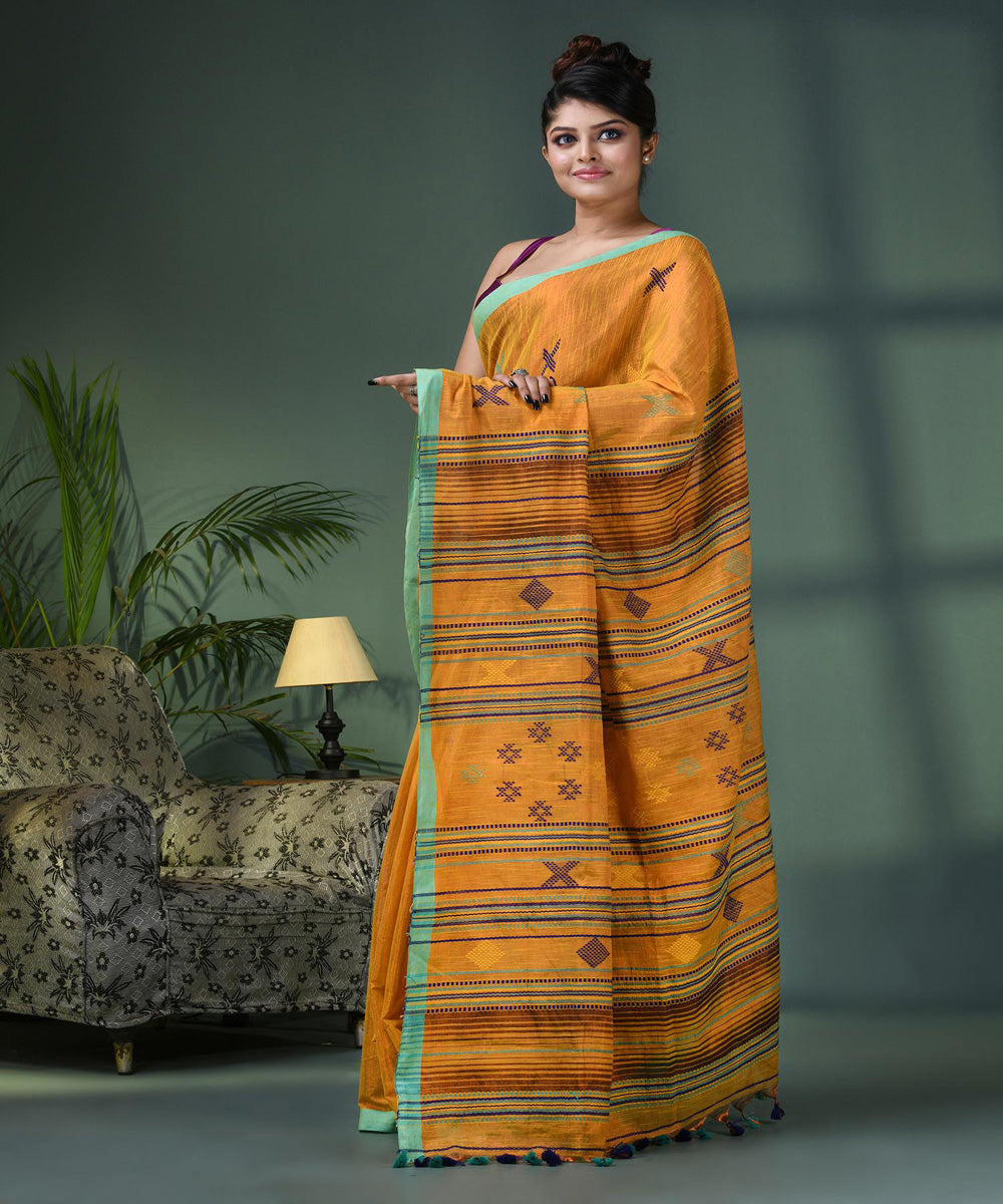 Yellow light green handloom bengal cotton saree