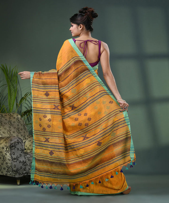 Yellow light green handloom bengal cotton saree