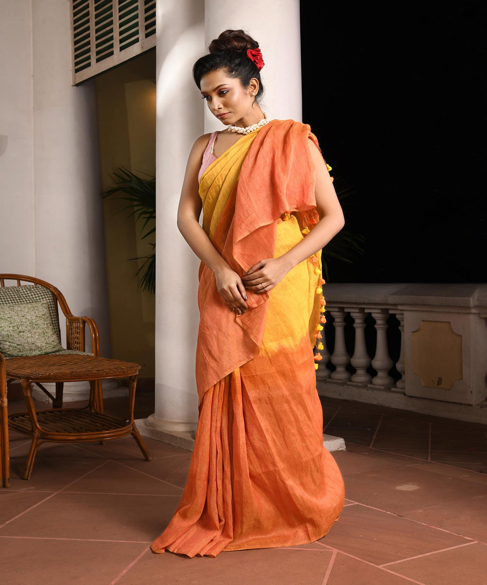 Yellow handloom bengal linen saree