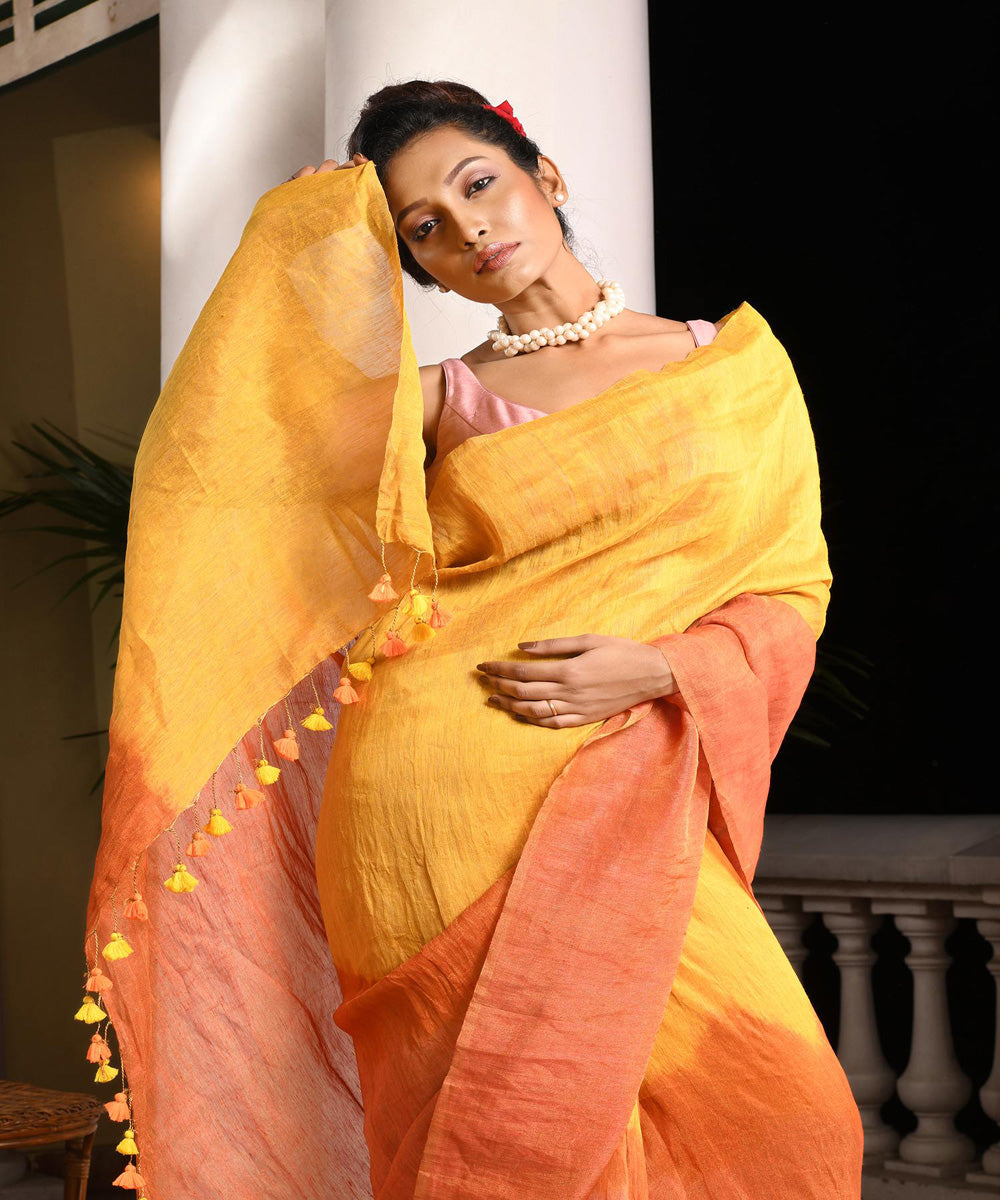 Yellow handloom bengal linen saree