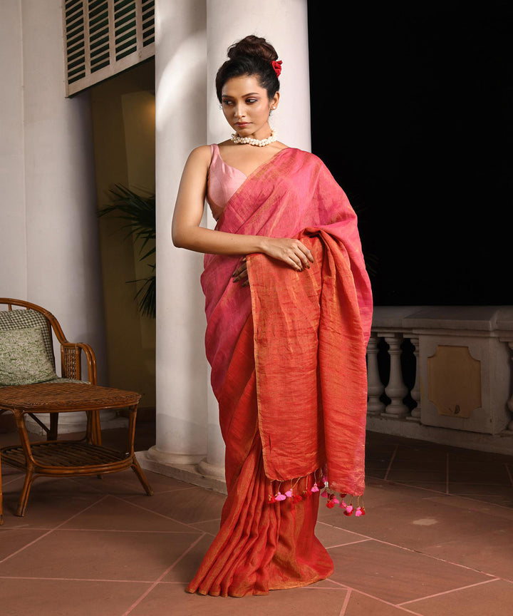 Red bengal handloom linen saree