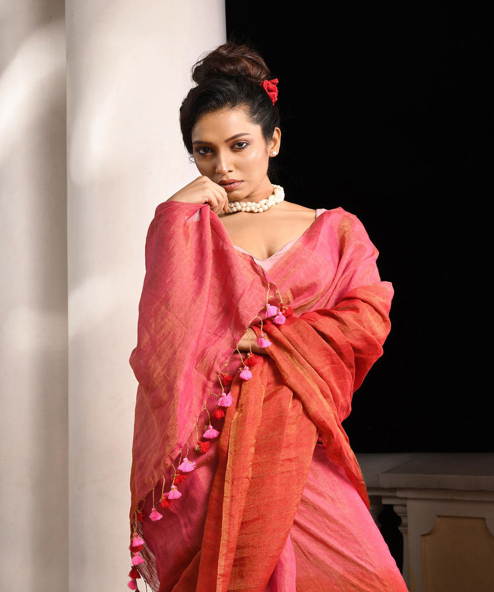 Red bengal handloom linen saree