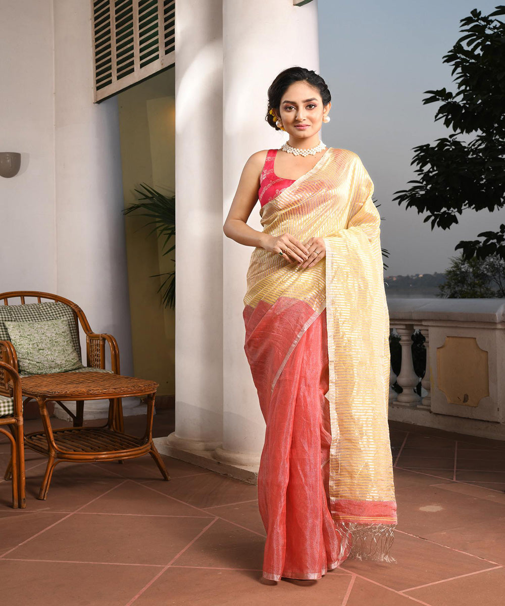 Dark peach handloom bengal linen saree