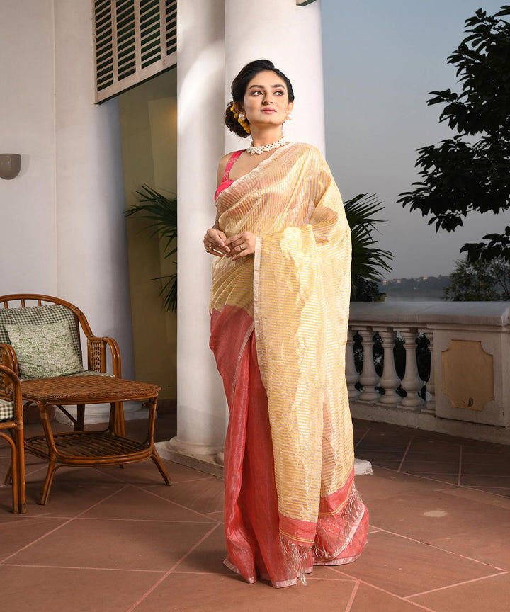 Dark peach handloom bengal linen saree