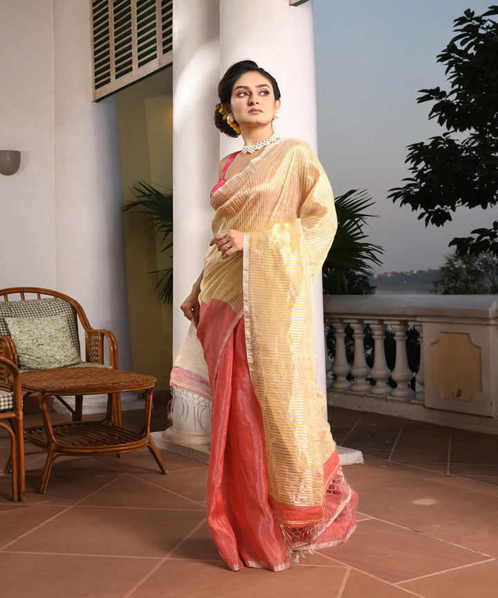 Dark peach handloom bengal linen saree