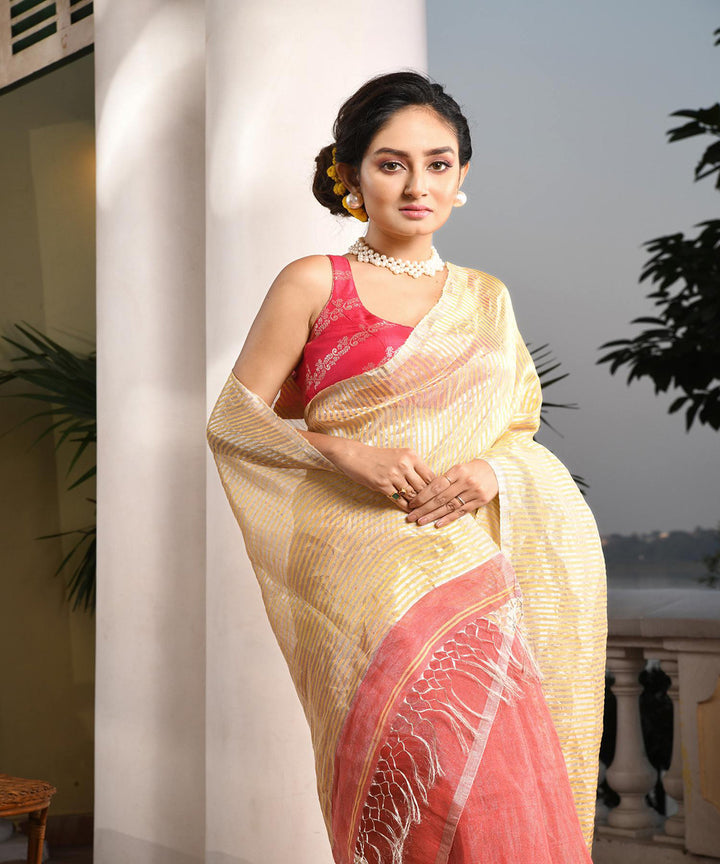 Dark peach handloom bengal linen saree