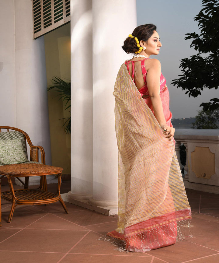 Dark peach handloom bengal linen saree