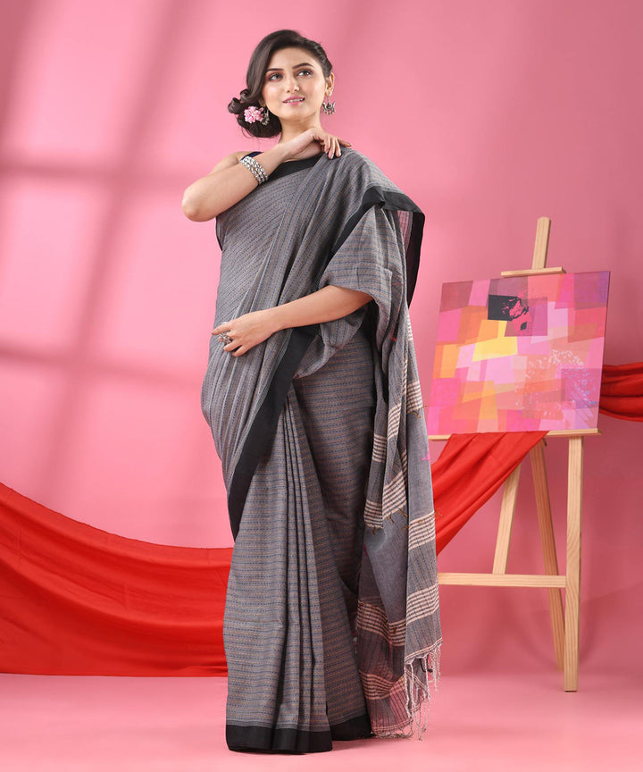 Grey black handloom bengal cotton saree