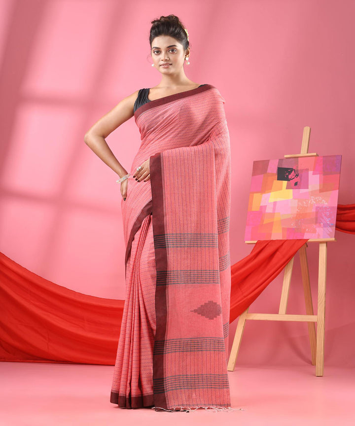 Flamingo pink handloom bengal cotton saree