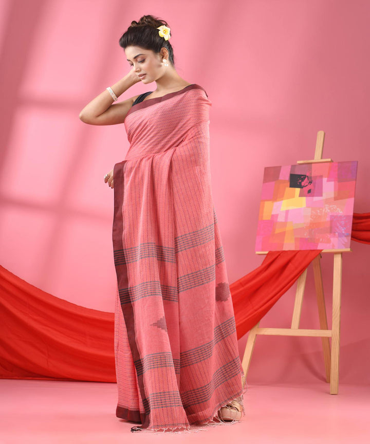 Flamingo pink handloom bengal cotton saree
