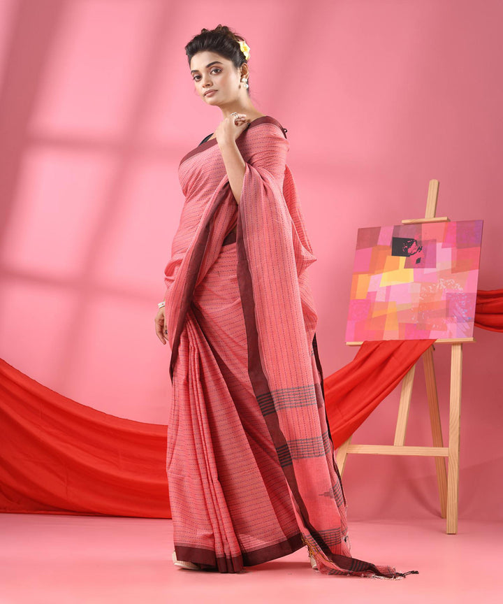 Flamingo pink handloom bengal cotton saree