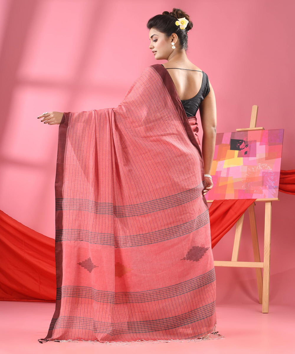Flamingo pink handloom bengal cotton saree