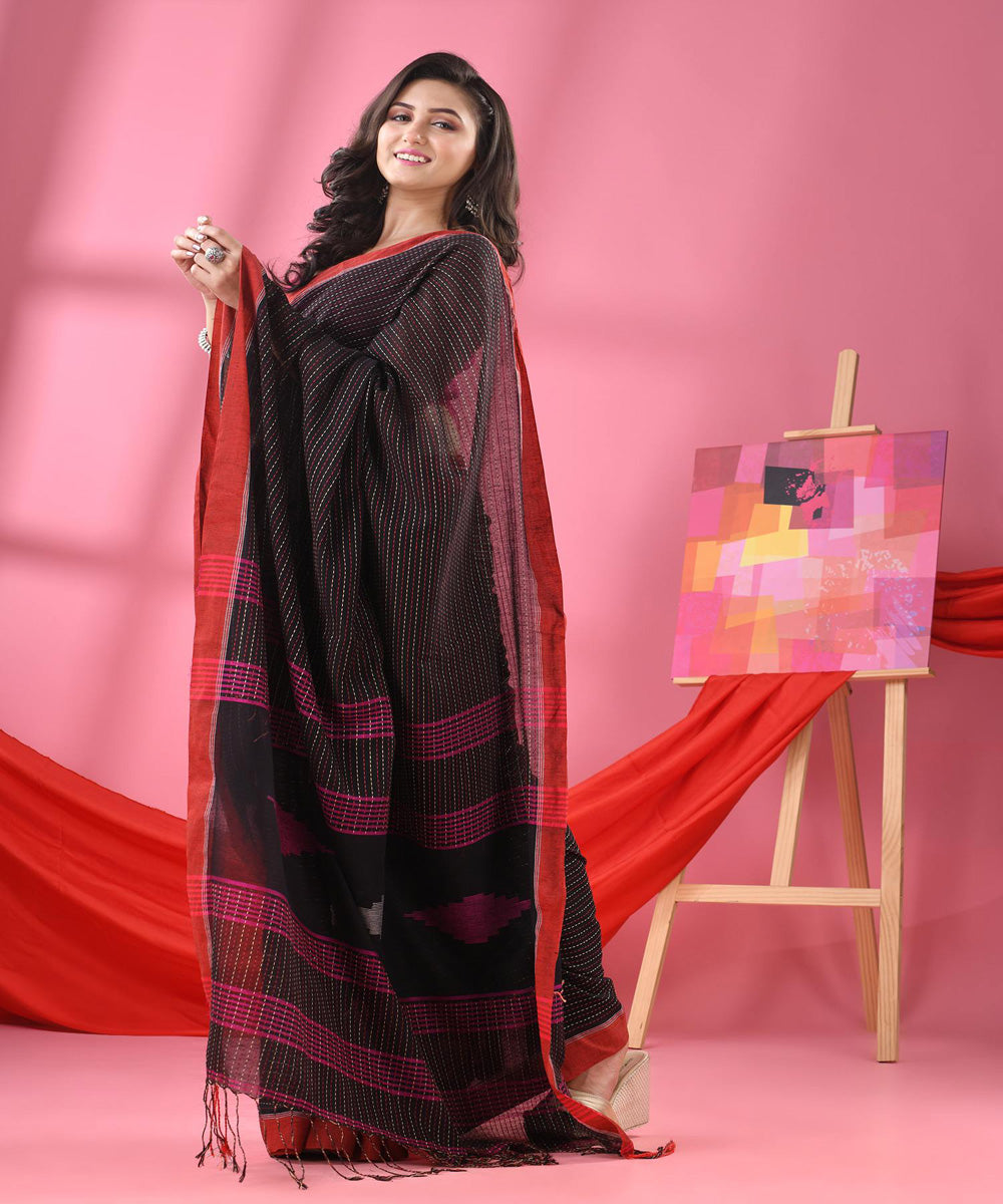 Black red handloom cotton bengal saree