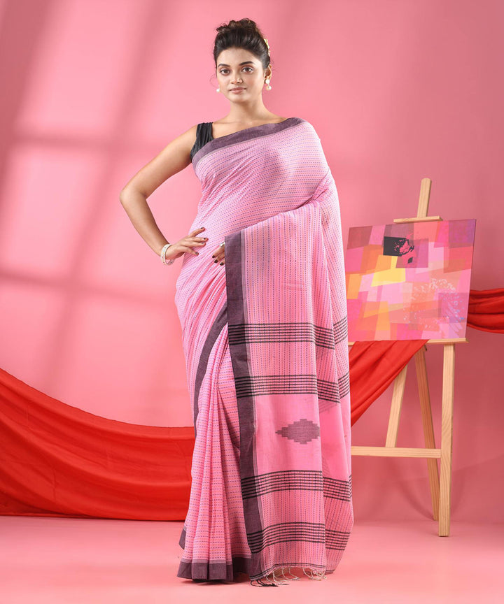 Baby pink black handloom bengal cotton saree