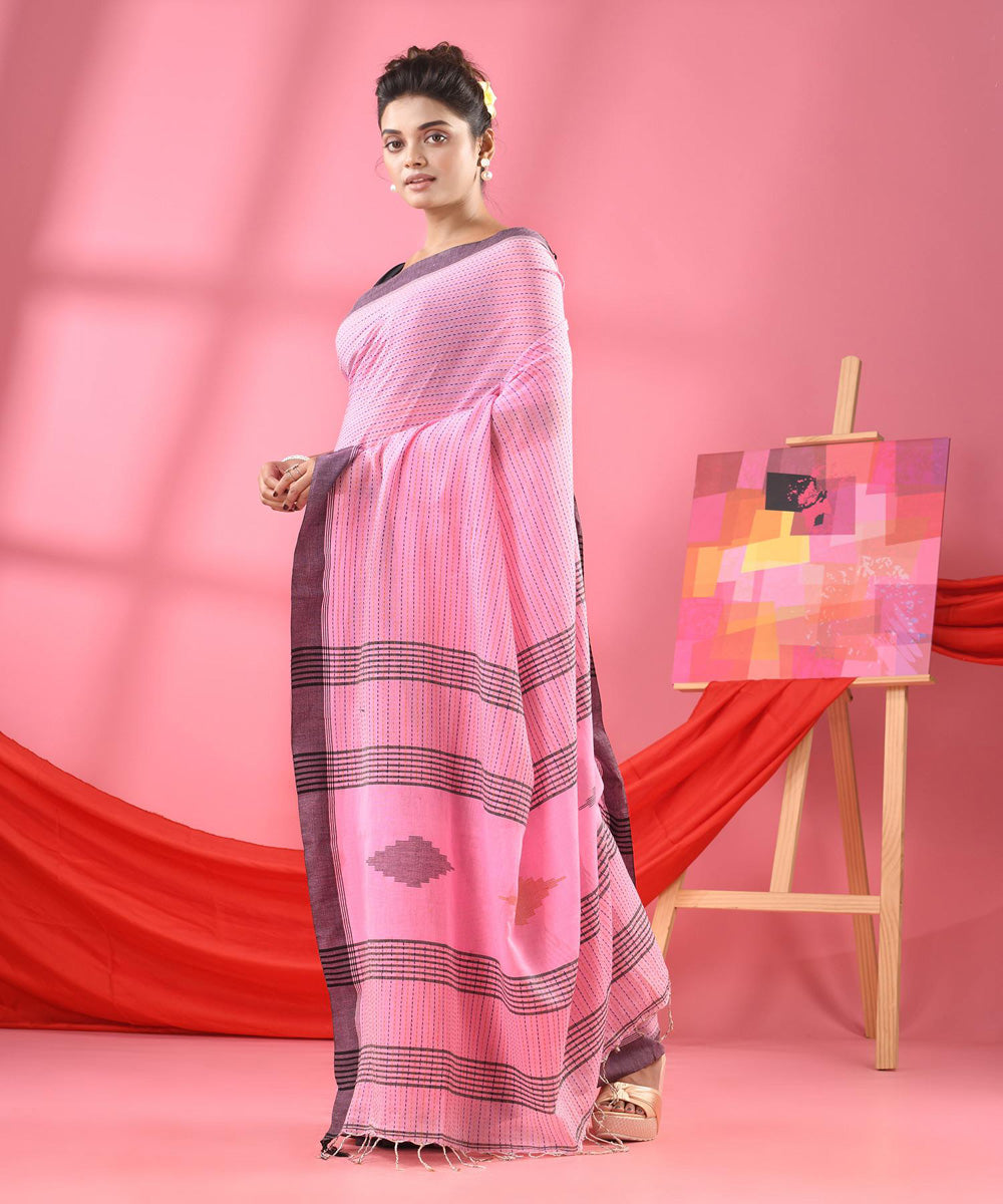 Baby pink black handloom bengal cotton saree