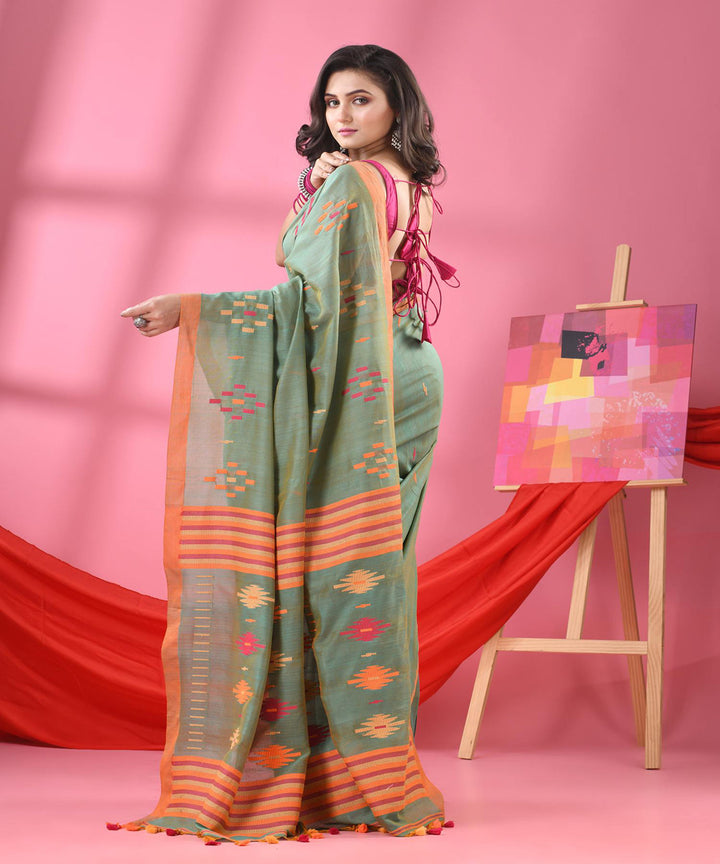 Pista green orange handloom bengal cotton saree