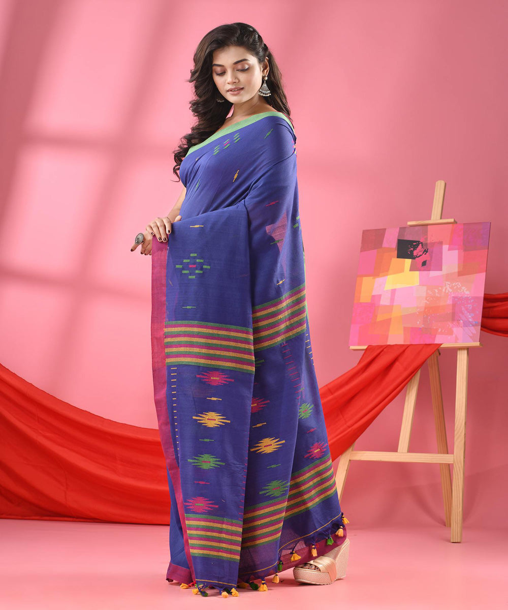 Royal blue red handloom bengal cotton saree