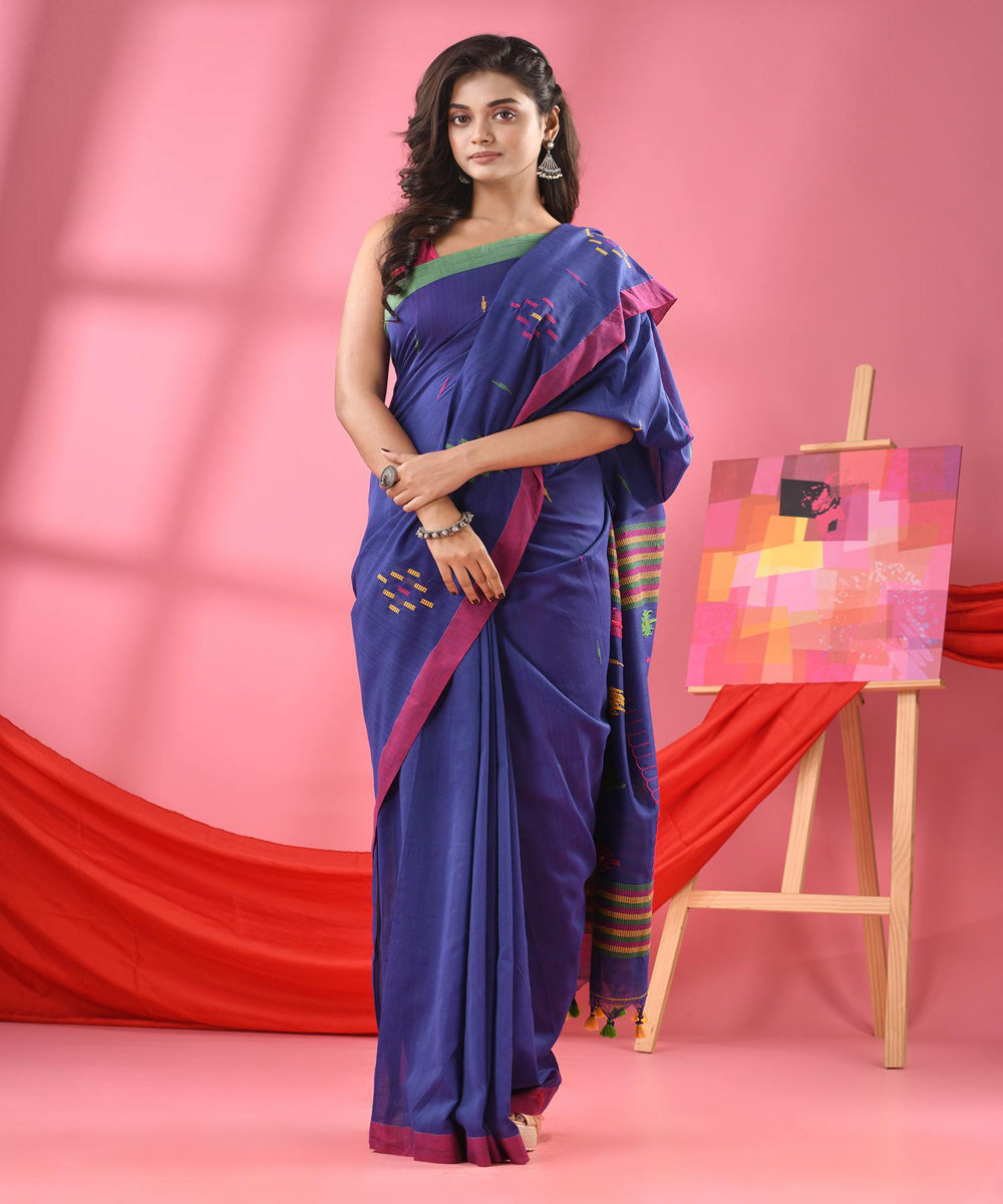 Royal blue red handloom bengal cotton saree