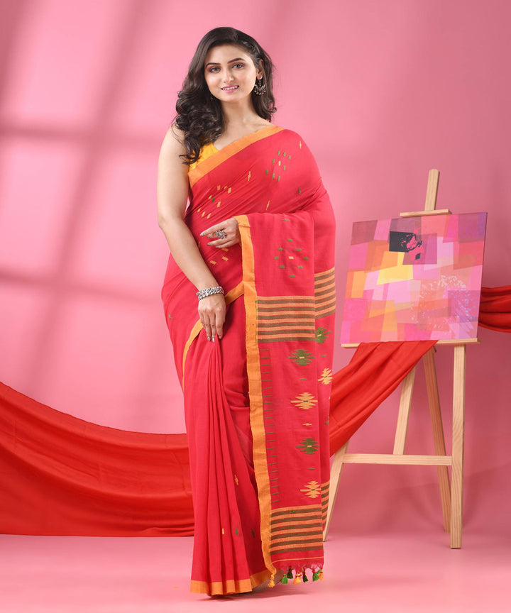 Red orange handloom bengal cotton saree
