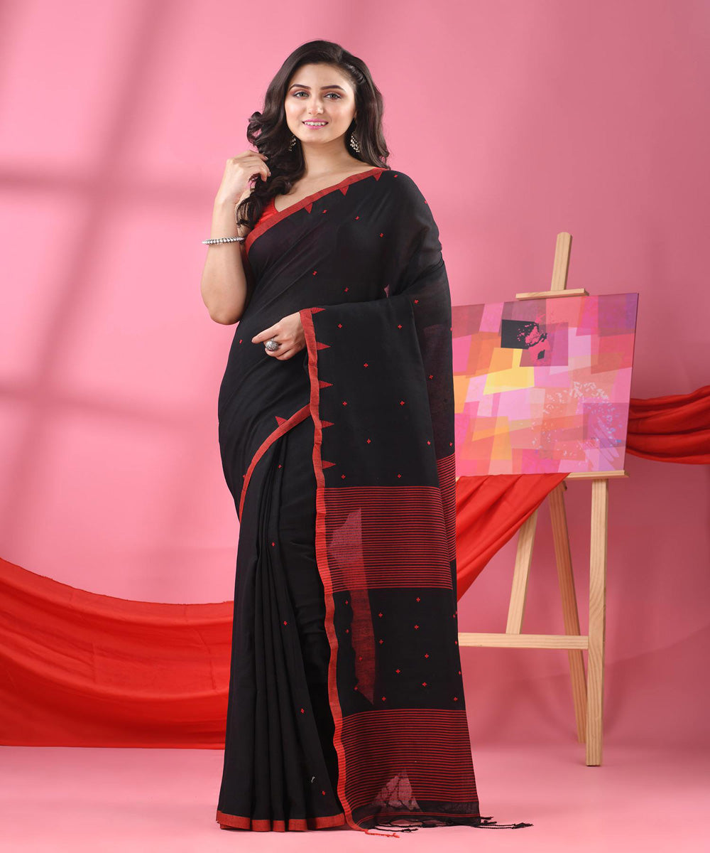 Black red cotton handloom bengal saree