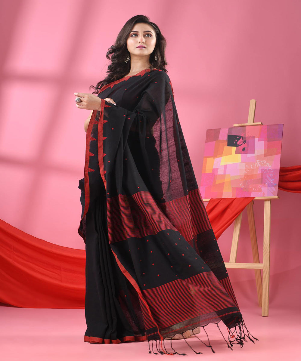 Black red cotton handloom bengal saree