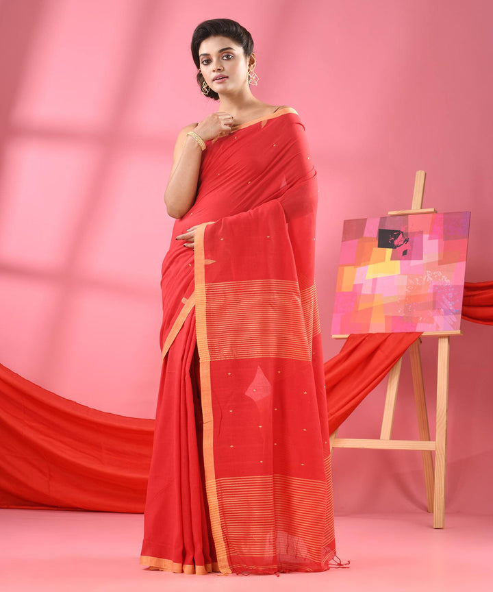 Red beige handloom bengal cotton saree