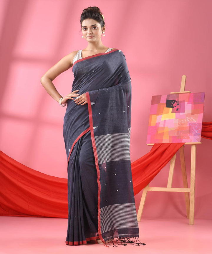Ash grey red handloom bengal cotton saree