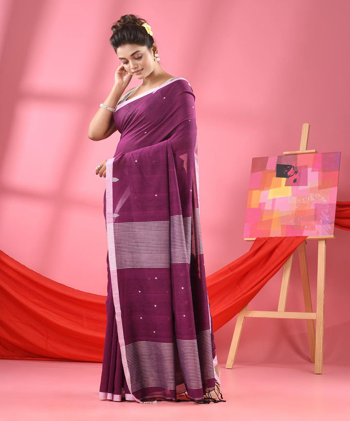 Purple white handloom bengal cotton saree
