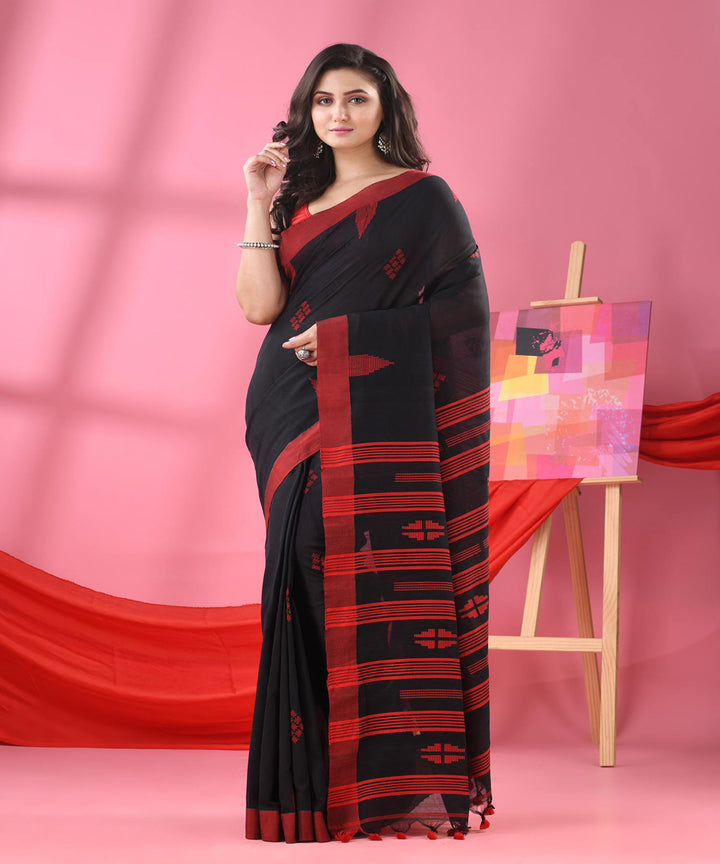 Black red cotton bengal handloom saree