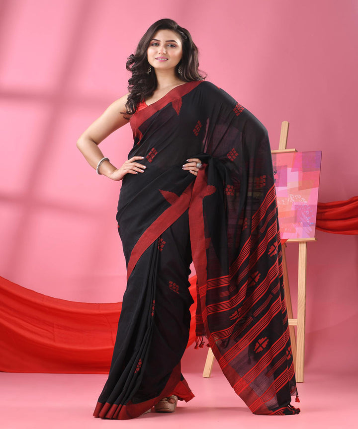Black red cotton bengal handloom saree