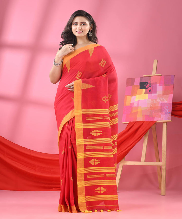 Red yellow temple border handloom bengal cotton saree