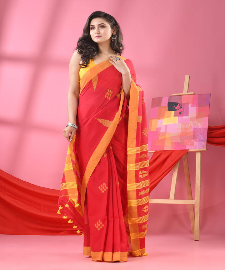 Red yellow temple border handloom bengal cotton saree