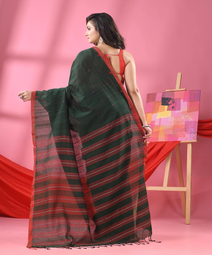Bottle green red bengal handloom cotton saree