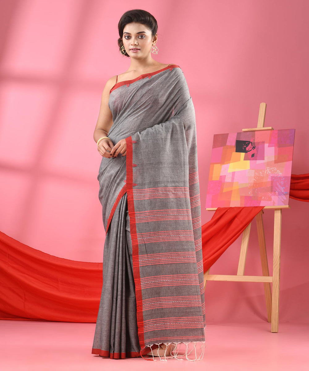 Grey red handwoven cotton bengal saree