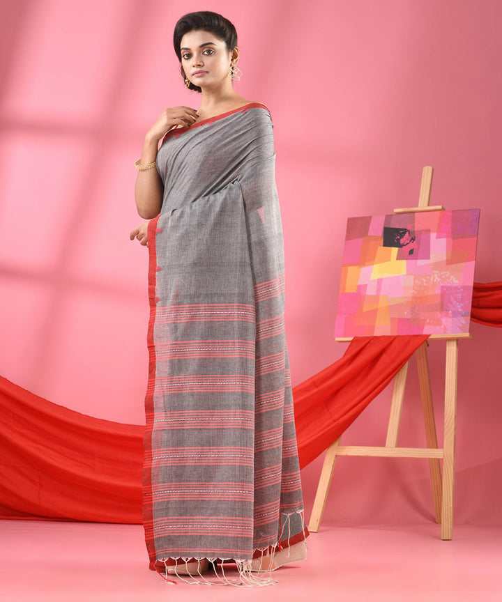 Grey red handwoven cotton bengal saree