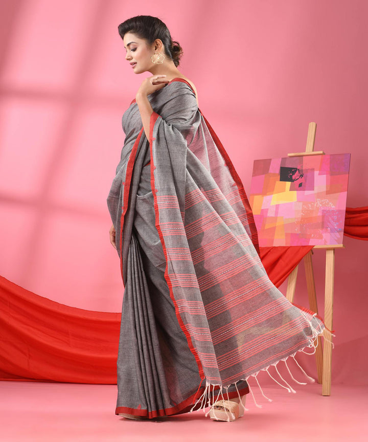 Grey red handwoven cotton bengal saree