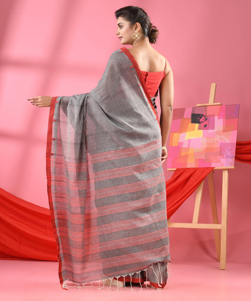 Grey red handwoven cotton bengal saree