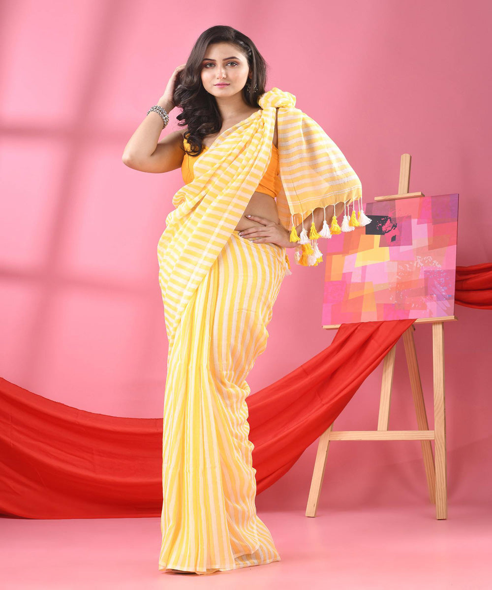 Yellow white handloom bengal cotton saree