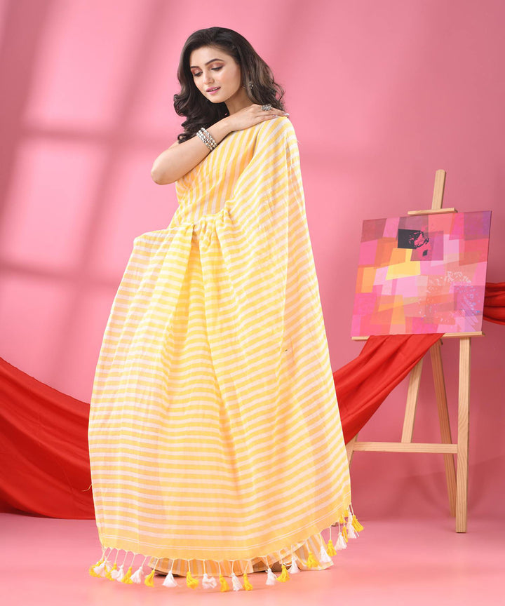 Yellow white handloom bengal cotton saree