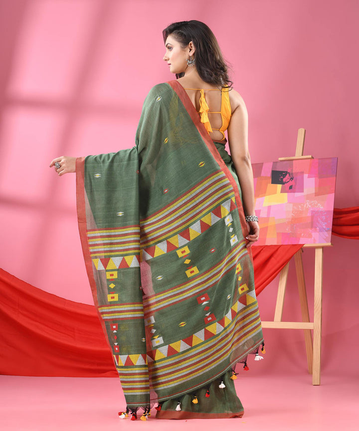 Forest green red handloom bengal cotton saree