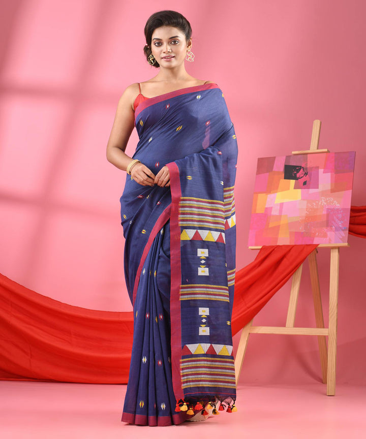 Navy blue red handloom cotton bengal saree